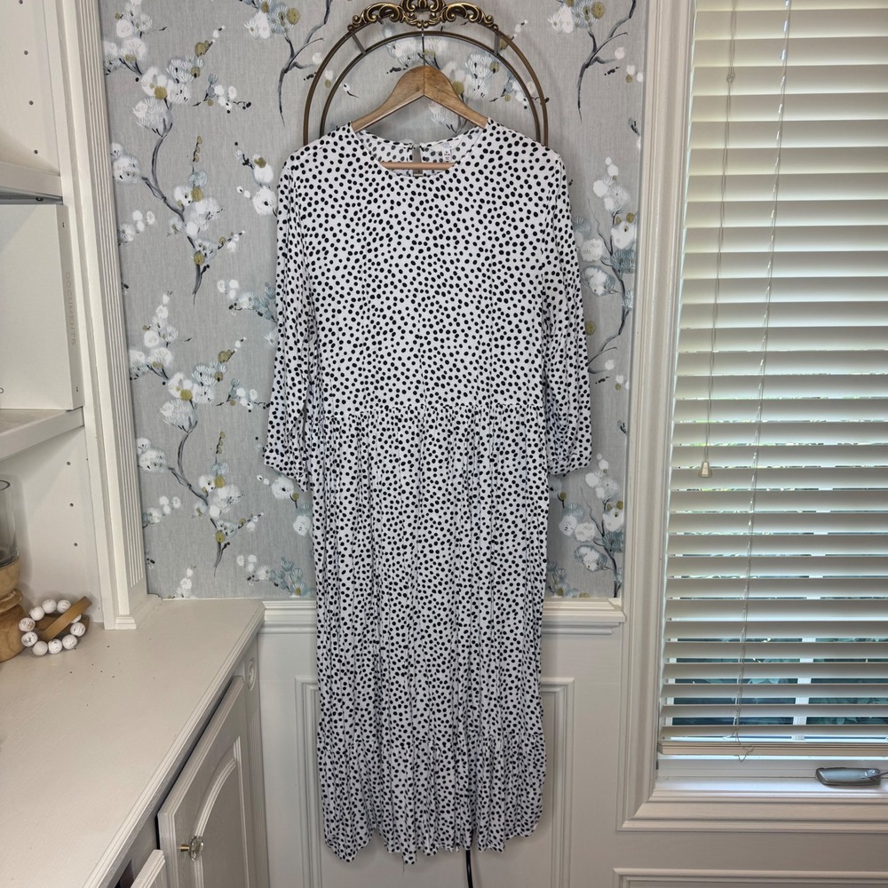 Time and Tru Womens Polka Dot Midi Dress XL 16-18 White Black Rayon Tiered
